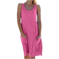 Клирънс рокли за жени Лятна екипаж в врата Солидна джобна плажна поли рокля горещо розово 2xl