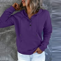 Zyekqe суичър качулки за жени бутон с дълъг ръкав v Врат твърд цвят основен пуловер с джоб