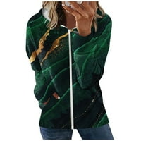 Суитчъри за жени ежедневен цип цвят отпечатани джобни палто с дълъг ръкав с палто с качулка за жени, сдвоени с дънки тъмно зелено 2xl