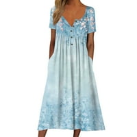 Летни рокли с къс ръкав небрежен кръгъл бутон за врата джобове дълъг плаж флорална рокля за печат