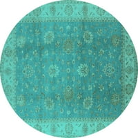 Ahgly Company Machine Pashable Indoor Round Oriental Turquoise Blue Traditional Area Rugs, 8 'Round
