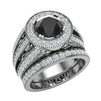 Голям черен диамантен сватбен пръстен комплект 14к Бяло Злато халки за жени 3. Карат
