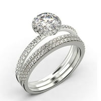 Dainty Art Deco 2. Карат кръг отрязани диамантен мосанит годежен пръстен, сватбен пръстен в стерлингово сребро, комплект за трио с бяло злато