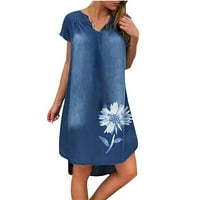 Жени облича женски рокля с дълъг ръкав Женски летен свободен A-Line V-Neck Flower Printing с късо ръкав плот мини рокля с дълъг ръкав рокли