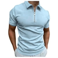 вендунид Мъжка тениска мъжки ежедневни цип завой надолу яка Блуза ивица отпечатани с къс ръкав върхове риза светло синьо КСКСЛ