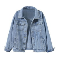 Kali_Store Jean Jacket for Women Fashion Fashion Fomen's Boyfory Denim Jacket с дълъг ръкав Голяма ресни Jean Jacket Coats Blue, m