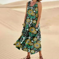 Женски флорални отпечатани отпечатани слънчеви рокли за без ръкави за без ръкави Рокли за ваканция на плажа Бохо Рокли Подаръци на просвета зелено 4XL