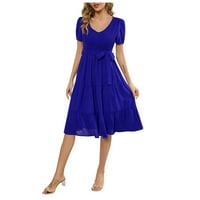 Женска мода лято твърд цвят V-образно деколте с късо ръкав дръпни плътни рокля XL