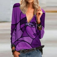 Есенни тийнейджъри за жени печат с цип с тениска с v-образно деколте Purple l