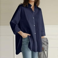 Женски блуза сатенен копринен бутон с дълъг ръкав надолу с ризи с джобни ежедневни работни офиси, флот 5xl