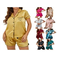 Жени сатенени пижами комплект късо ръкав риза за бутон за бродиране с еластични къси панталони пижами за женски комплект