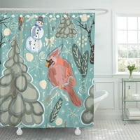 Червен зимен модел сладък кардинална птица снежен човек и смърчово дърво декор за баня за баня душ завеса