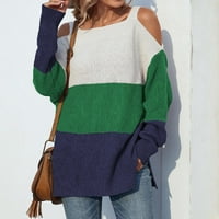 Женски квадратна врата Студено рамо плетено по -големи пуловери ежедневен цветен блок пуловер дълъг ръкав отпуснат годен пуловер Зелен s