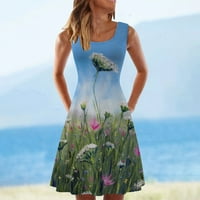 Детесбула за жени летни рокли Clearance Жени ежедневни рокли за без ръкави на екипаж от летна флорална рокля за печат за плаж за плаж