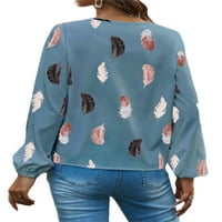 Gianlook жени тениска с дълъг ръкав шифон върхове v шия туника блуза дами ежедневна тениска хлабав перо печат тий тейн светло синьо 4xl