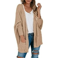 Зимни якета на Kakina S за жени, женски пуканки с дълъг ръкав Отворени предни джобове, големи жилищни пуловерни палта Khaki, XL