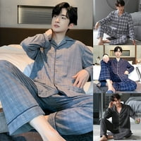 Мъже памучни фланелни пижами комплекти с дълъг ръкав горни карирани дъна за сън
