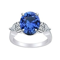 9. Карат овален симулиран син сапфир и бял естествен диамантен юбилеен пръстен в 14K твърд бял златен пръстен размер-5