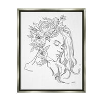 Ступел индустрии жена лице подробни цъфтящи цветя линия рисуване графично изкуство блясък сив плаваща рамка платно печат стена изкуство, дизайн от Зивей ли