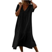 Клирънс Летни рокли за жени къс ръкав Глезена дължина случайни печатни А-линия в-врата рокля Черно М