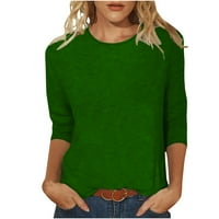 Есенни върхове за жените модни солидни разхлабени тениски със средна дължина ръкави блуза кръгла шия ежедневни върхове зелени s