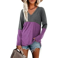 Yuelianxi дамски рохкави ризи цветни блок върхове върхове с дълъг ръкав туники v Врат пуловер тениски Причинно блуза