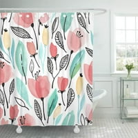 Цветни абстрактни акварел розови цветя и зелени листа червени красива баня декор баня завеса за душ