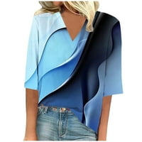 В продажба женски ризи с дълъг ръкав с дължина от печат комфортно отпечатани разхлабени тениски ръкави блуза с V-образно деколте, синьо