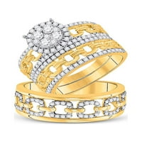Солидна 14k жълто злато негово и нейното кръгло диамантен клъстер съвпадащ двойка три пръстена Булчински годежен пръстен Сватбени ленти Комплект 1- ct. -