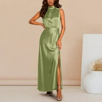 Лятна рокля за жени Официална сатенена рокля O-O-Neck Sideveless Side Slit Solid Color Tank Дълги рокли Зелен XL