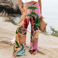 Жени ежедневни модни плажни еластични талия с широки панталони за крака цветни цветя и панталони за печат на зелени листа Женски панталони розови XL