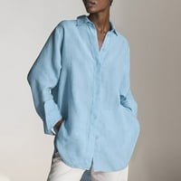 Женски бутон надолу ризи ежедневни ревери v Врат дълъг ръкав блузи свободни годни якия с ниска ниска подгъваща се твърди върхове светло синьо L