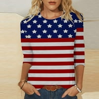 Женска модна отпечатана САЩ флаг тениска ръкави блуза кръгли деколтета на небрежни върхове 4 юли Деня на независимостта Синьо L