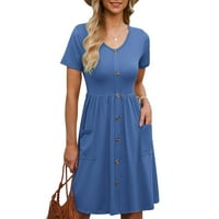 Wendunide рокли за жени, жени летни ежедневни рокли с къс ръкав бутон надолу по дължина на коляното с джобове синьо