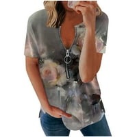 амуса Модерен летни ризи дамски модни ежедневни Флорални печатни ежедневни тениска с къс ръкав с цип в-врата пуловер блуза върхове жени върхове