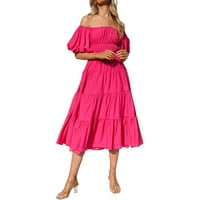 Флорални отпечатани жени дълги рокли Бохо стил квадратна шия с къс ръкав извън рамото люлеещи рокли бутер ръкави за ежедневна плажна рокля гореща розова сила